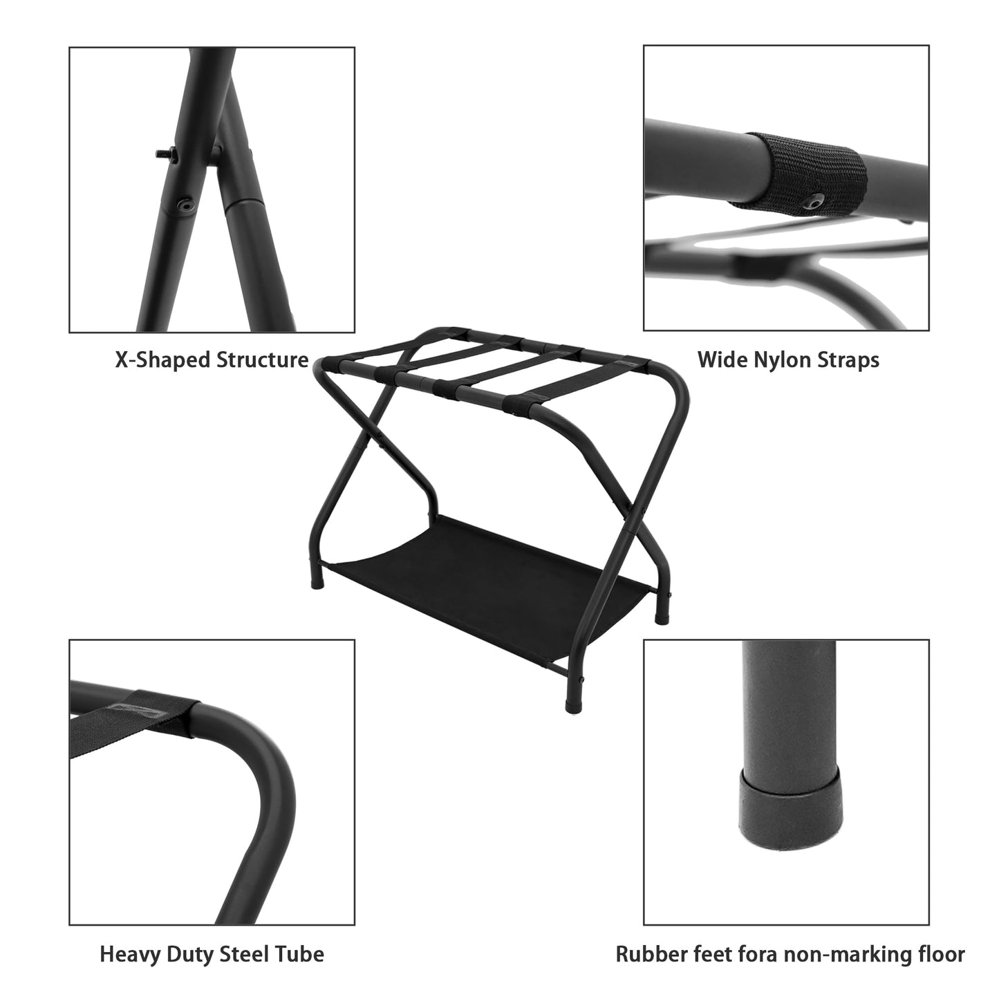 ZEKEYUN 2 Pack Luggage Rack with Storage Shelf, Steel Folding Suitcase Stand, Black Luggage Stand for Indoor Bedroom, Living Room and Outdoor Camping, 27.5 x 14.2 x 20.7 Inches, Holds up to 100 lb