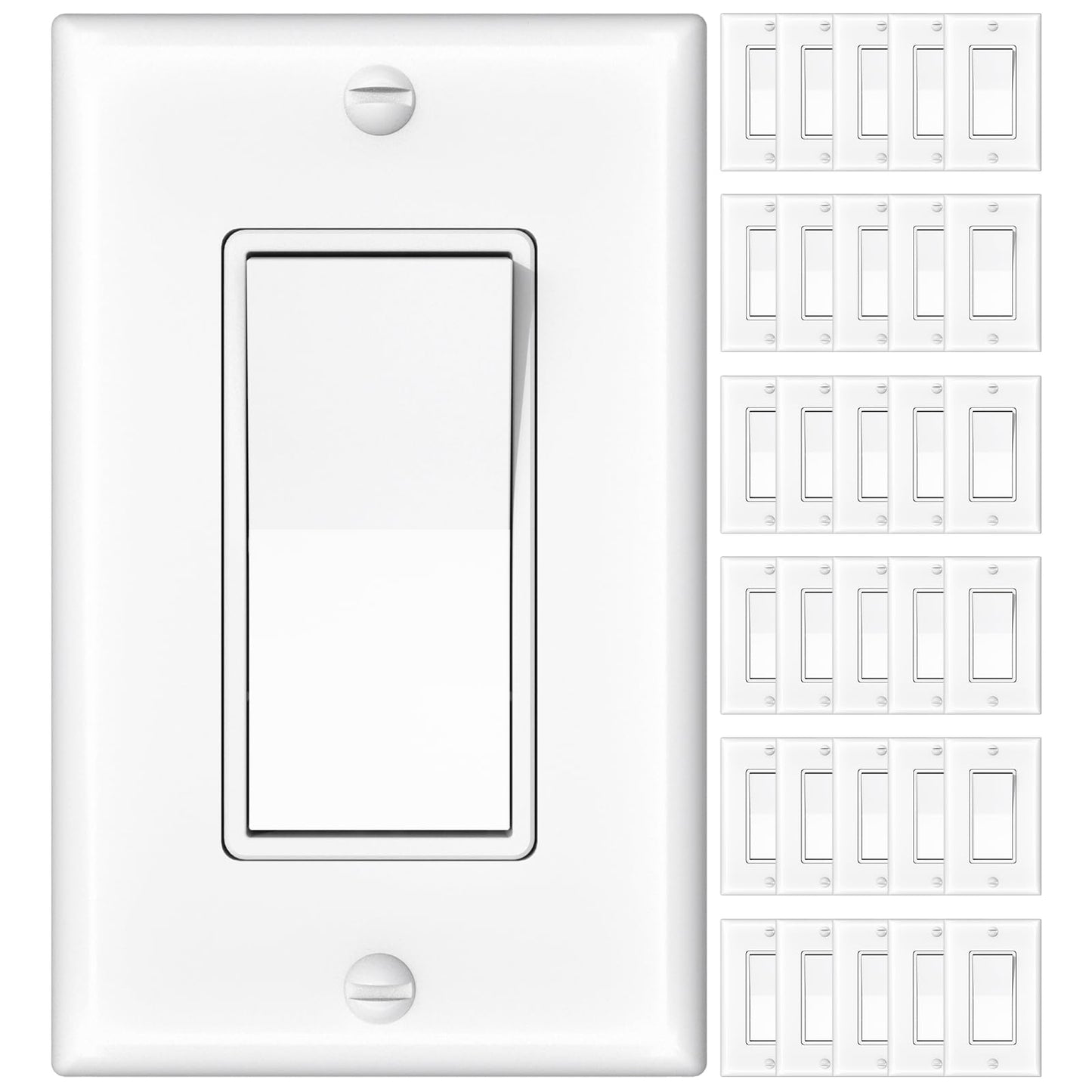Amico 30 Pack Single Pole Light Switch with Wall Plate, UL Listed, 15A 120/277V, On/Off Rocker Paddle Interrupter Wall Switch, Grounding Screw, Residential Grade, Suitable for Home and Business, White