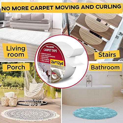 Carpet Tape Double Sided - Rug Tape Grippers for Hardwood Floors and Area Rugs - Carpet Binding Tape Strong Adhesive and Removable, Heavy Duty Stickers Grip Tape, Residue Free (2 Inch / 12 Yards)