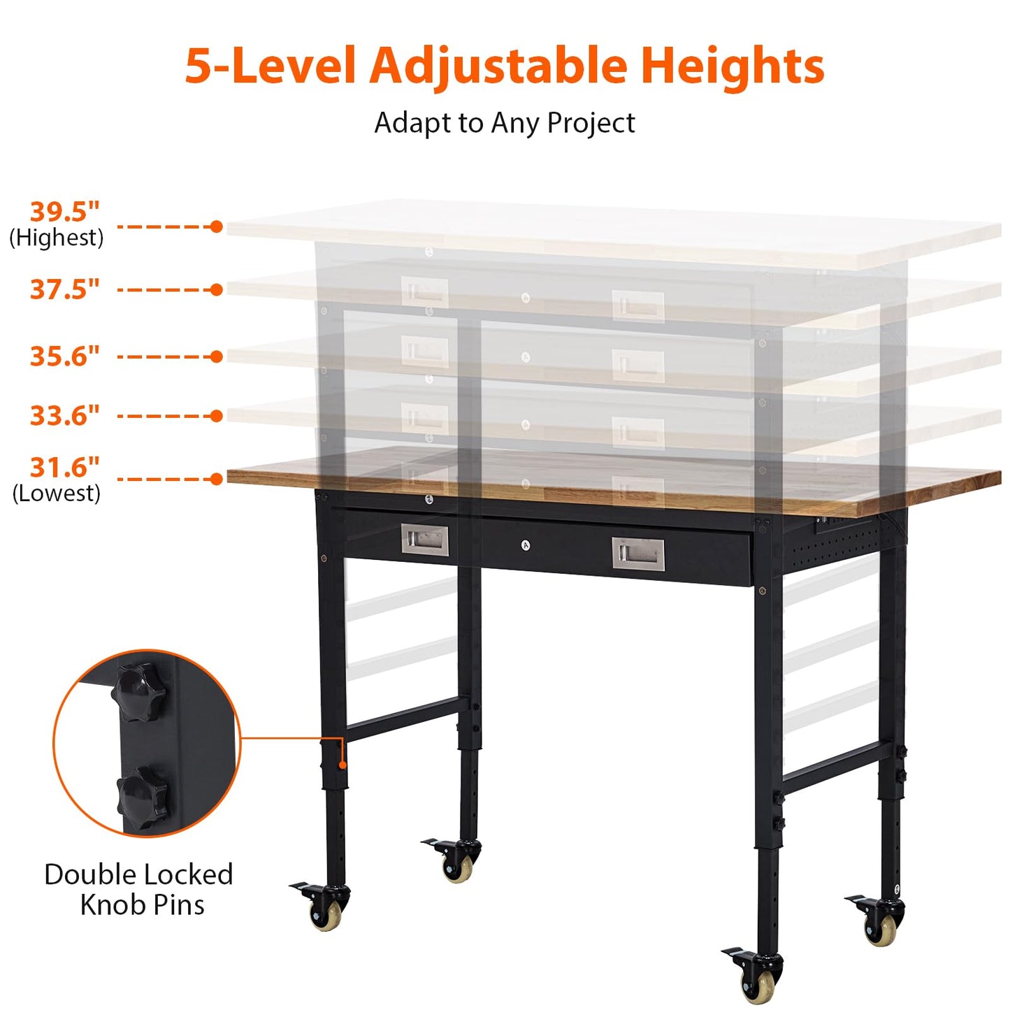 GarveeTech 60" Heavy-Duty Adjustable Workbench with 2 Drawers & Pegboard - 2000LBS Capacity, 4 Rolling Wheels, Rubber Wood Tabletop for Garage, Workshop, Home Office, Black