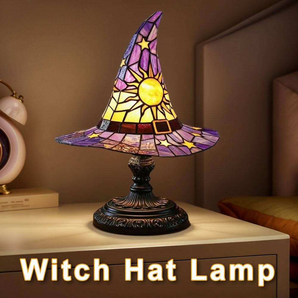 HatLeb Witch Hat Lamps, Handcrafted Stained Glass Resin Wizard Hat Light Gothic Table Lamp for Halloween Decor, Spooky Night Light for Bedroom and Indoor Parties, Unique Wiccan Gift