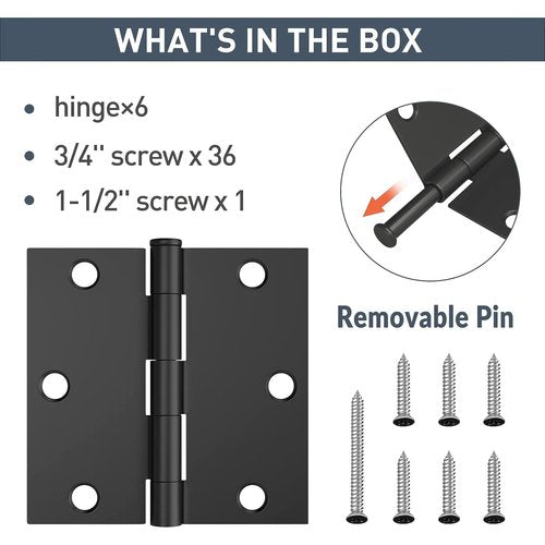 HOSOM 6 Pack Black Door Hinges 3.5 Inch with Square Corner, Matte Black Interior Door Hinge for Bedroom, Bathroom, Cabinet, and More