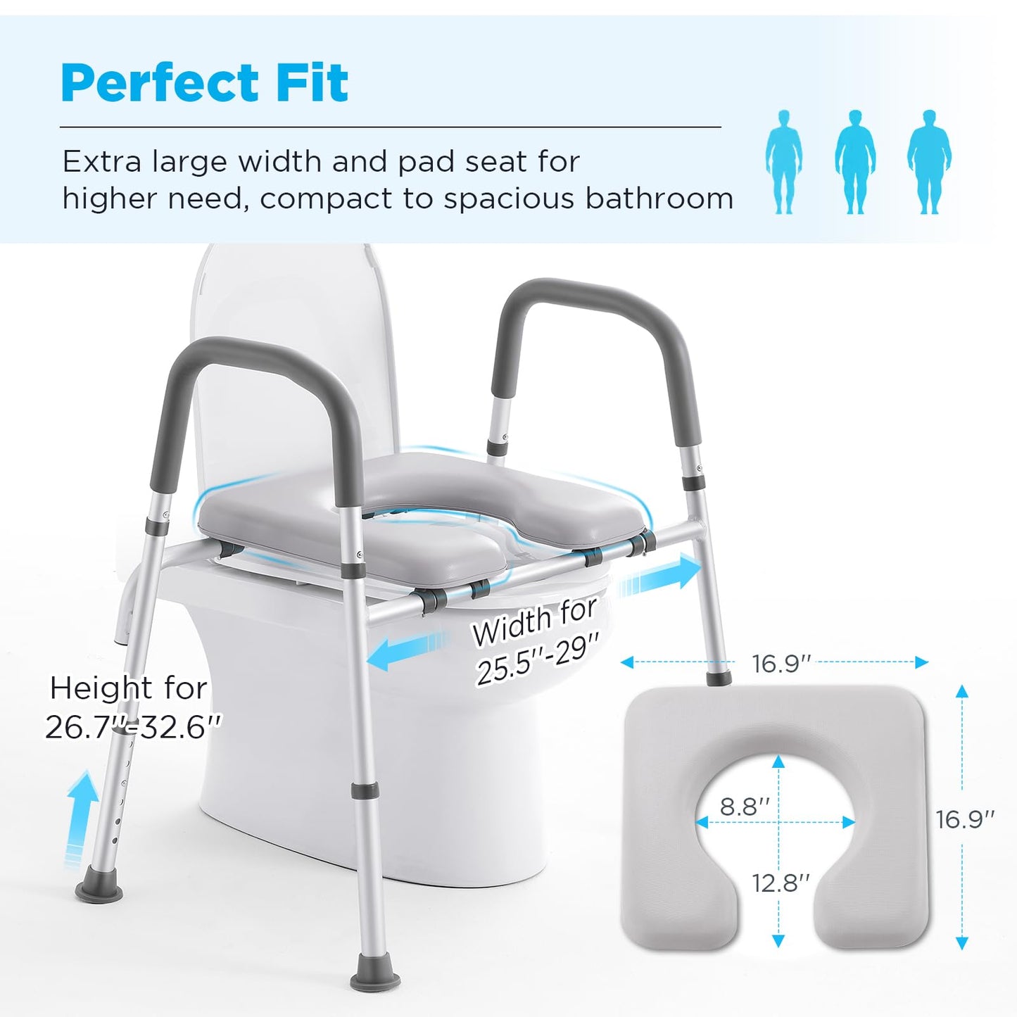 Toilet Seat Risers for Seniors, FSA HSA Eligible Adjustable Raised Toilet Seat with Handles, Toilet Risers, Cozy Padded Elevated Toilet Seat for Elderly, Pregnant, Handicap, Fits Any Toilet, 350lbs