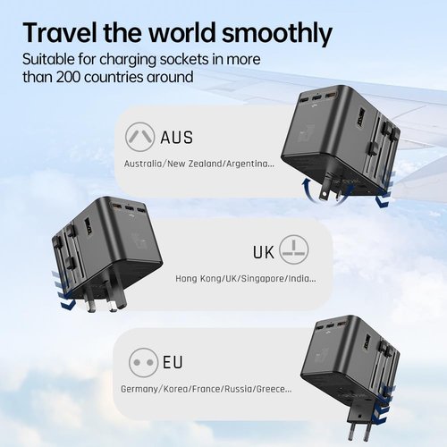 JELLICO Universal Travel Adapter, International Travel Plug Adapter with 3 USB-C (45W) & 2 USB-A Ports, All in One Portable Adaptor, for USA, UK, EU, AU & 200+ Countries (Black)