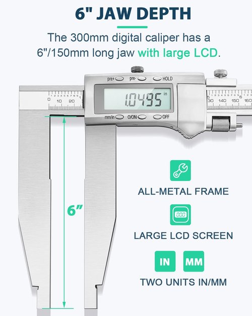 Mxmoonfree 12 Inch Digital Caliper Long Jaw Caliper with 6" Jaw Depth Calipers Measuring Tool All-Metal Frame Large LCD Screen 0.0005"/ 0.01mm Resolution (12"/ 300mm)