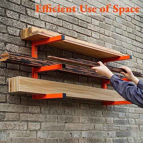 Lumber Storage Rack Wall Mount, Heavy Duty Metal Wood Organizer with 3-Level Each Shelf Holds Up 200 Lbs, Indoor & Outdoor Use