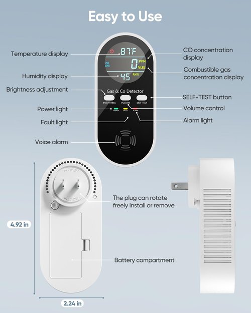 5-in-1 Carbon Monoxide Detectors, Natural Gas Leak Detector, Plug-in & Battery Backup Co Detector, HD Digital Display, CO Gas Temp Humidity Sensor, 1-Pcs, Black