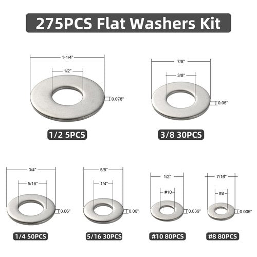 VGBUY 275PCS Washers Assortment Kit, Thickened 304 Stainless Steel Flat Washers for Screws, Asorted Metal Washers for Bolts, SAE Hardware Washers Set #8, 10, 1/4, 5/16, 3/8, 1/2