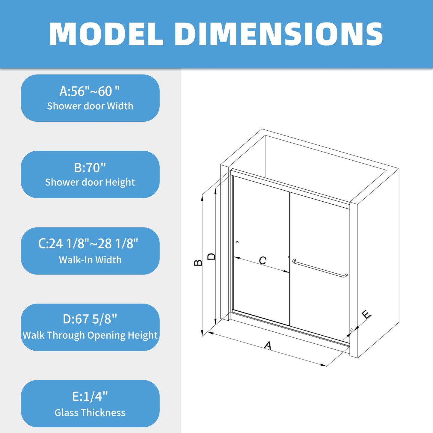 Royal Guard Double Sliding Shower Door,56-60" W x 70" H Semi-Frameless Sliding Glass Shower Door with 1/4'' (6mm) Clear SGCC Tempered Glass,Bypass Shower Enclosure,Matte Black
