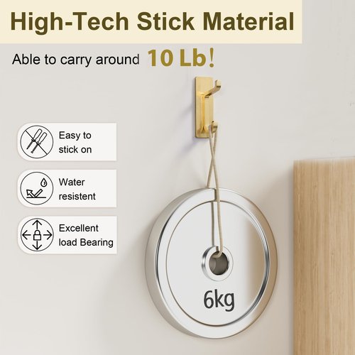 Josmimic Self Adhesive Wall Hooks for Hanging: Extra Strong 13 LB, Hook for Coat, Towel in Bathrooms, Shower, Kitchen, Wall, Door Hook, Gold 4 Pack