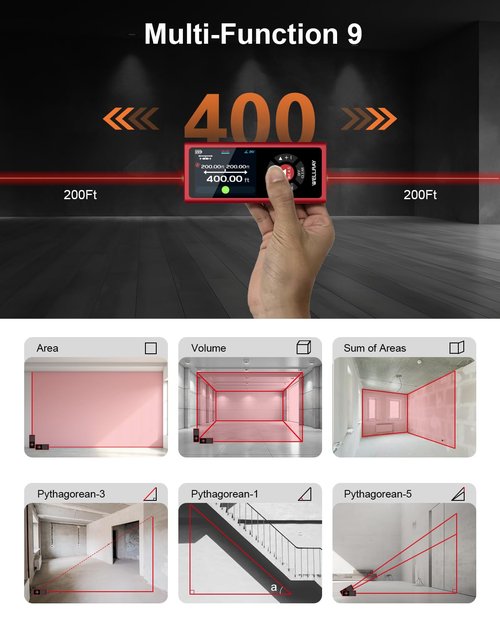 WELLRAY Dual Laser Measuring Tool Aluminum Shell Bi-Directional 400 Ft-in Magnetic Lazer Measurement Rechargeable Laser Meter Measurer Large LCD Digital Tape Measure with Electronic Level Bubble