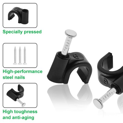 PHITUODA 100pcs 1/4" / 6mm Half Clamp J-Hook with Nail, Nail in Cable Clips Ethernet Cable Nails Tacks Clips, Black