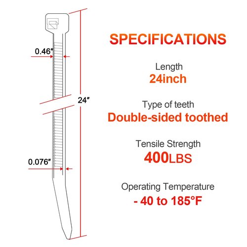 Long Zip Ties Heavy Duty 24 inch,400 LBS Tensile Strength With Double Sided Toothed Super Durable Cable Ties ,Extra Large Wire Ties Adjustable Nylon Tie Wraps for Indoor Outdoor (100 Pack Black)