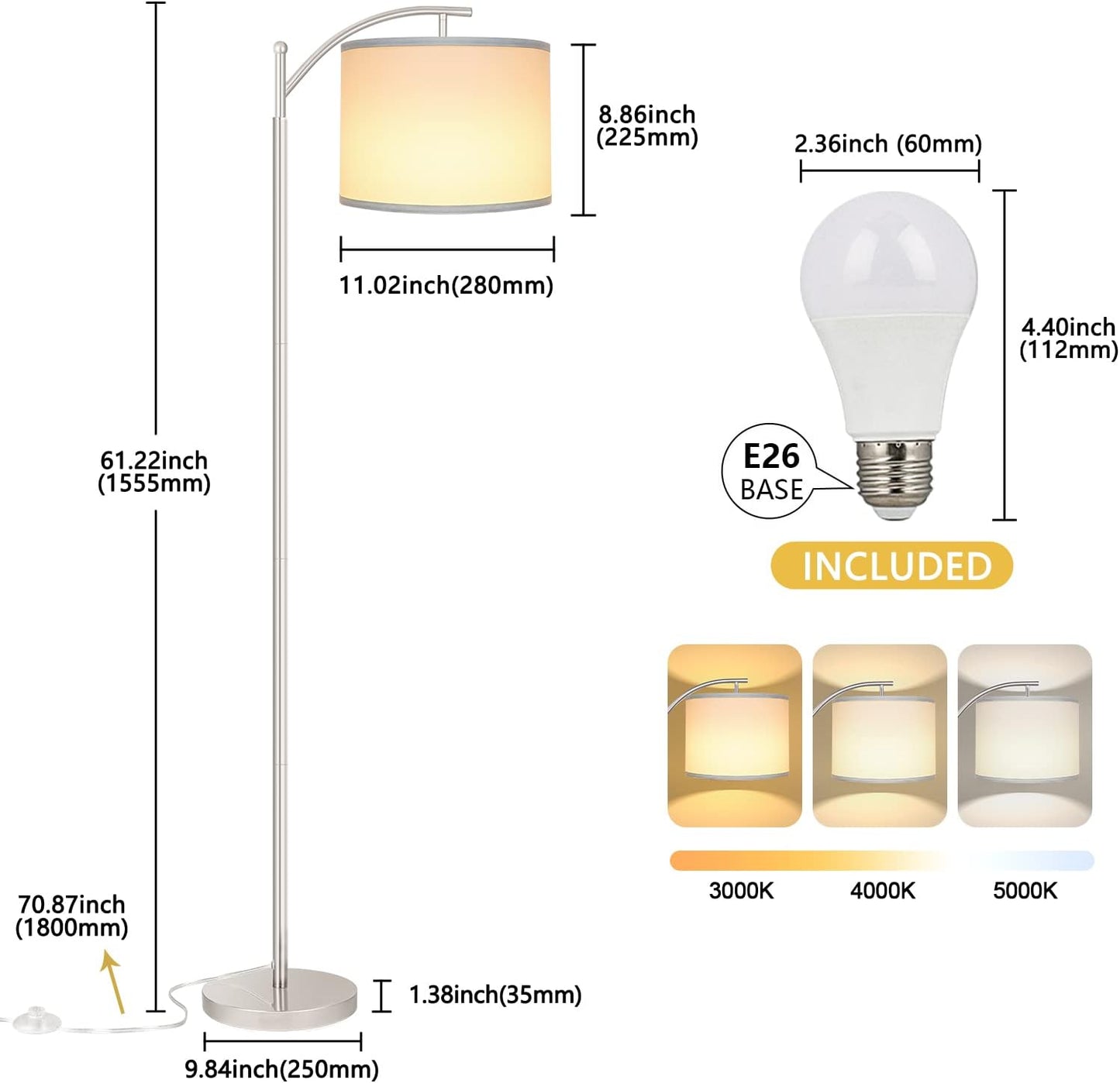 ROTTOGOON Floor Lamp for Living Room with 3 Color Temperatures LED Bulb, Standing Lamp Tall Industrial Floor Lamp Reading for Bedroom, Office (9W LED Bulb, Beige Lampshade Included) -Black