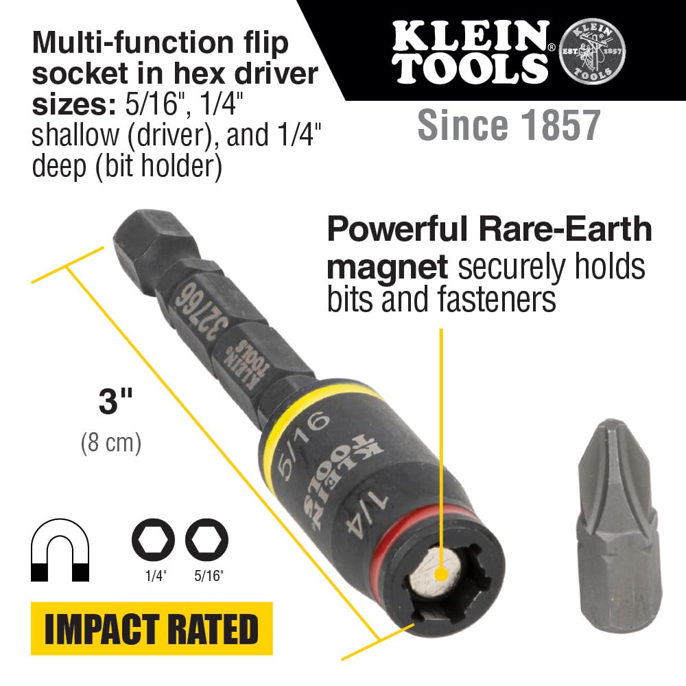 Klein Tools 32768 Impact Driver Set, 3-in-1 SAE Impact Socket and Bit Holder, Flip Socket with Nut Drivers in 1/4 and 5/16 Hex Sizes, 3 and 5-Inch Lengths, 2-Piece