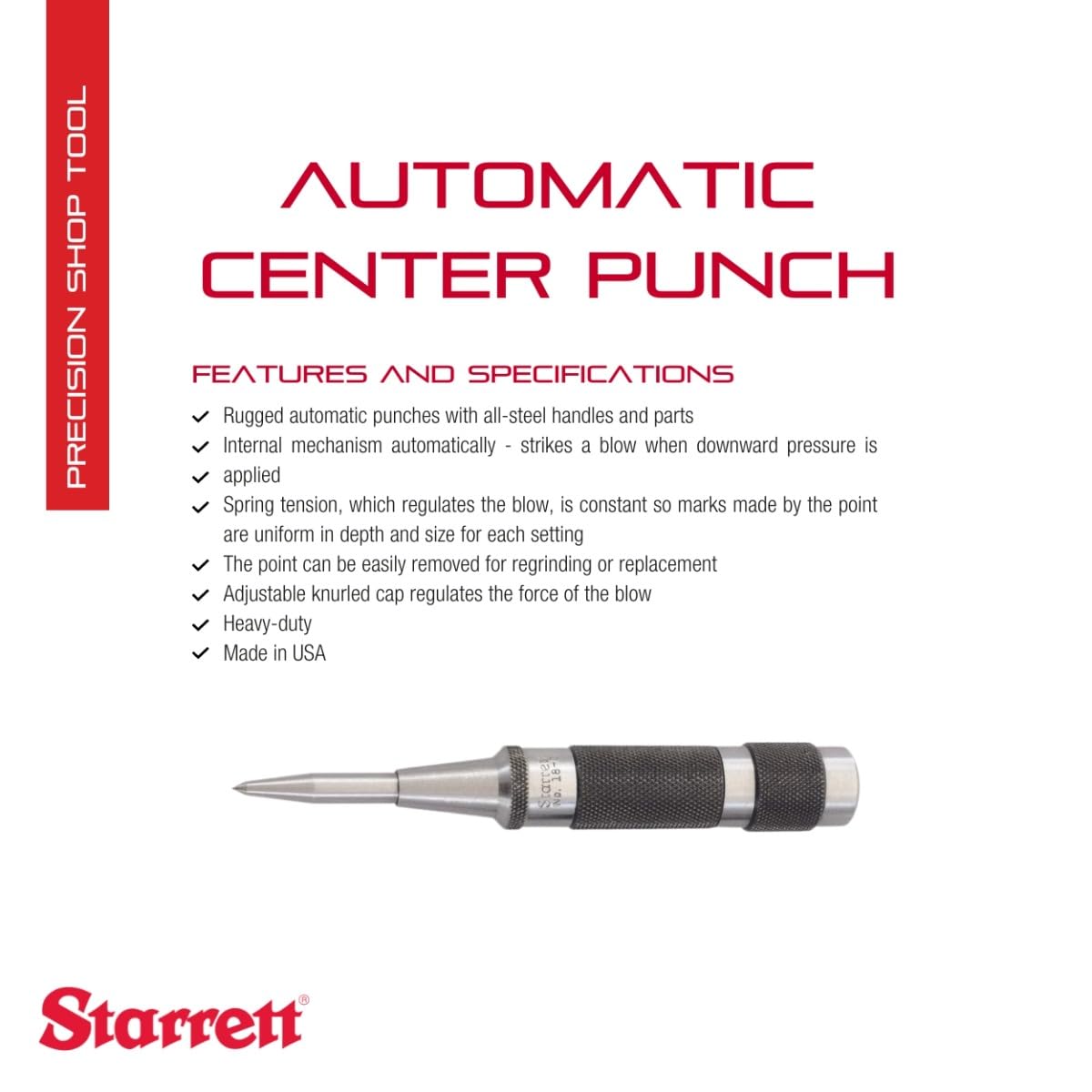 Starrett Steel Automatic Center Punch with Adjustable Stroke - 5-1/4" Length, 11/16" Punch Diameter, Lightweight, Knurled Steel Handle - 18C