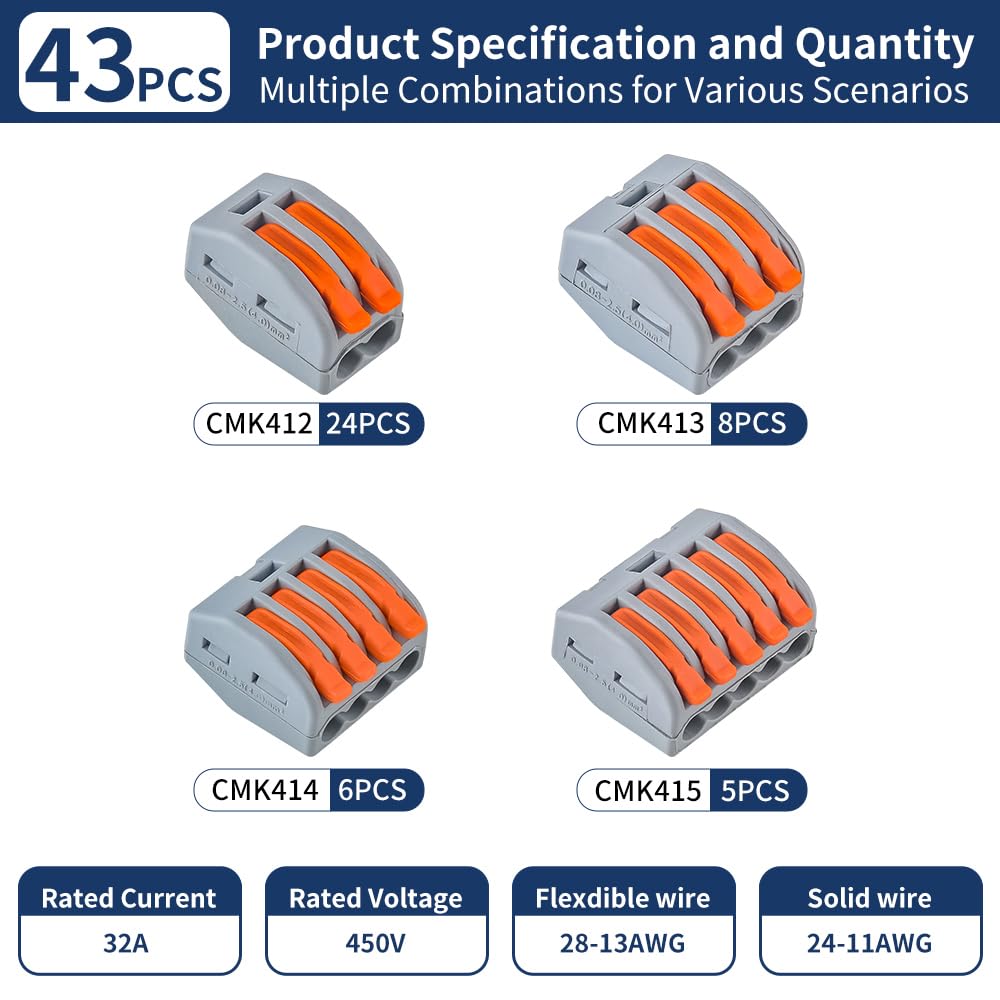43Pcs Compact Lever Wire Connectors Kit, 2/3/4/5 Conductor Splice Terminal Connectors, Quick Electrical Connectors for Household Wiring 28-11 AWG