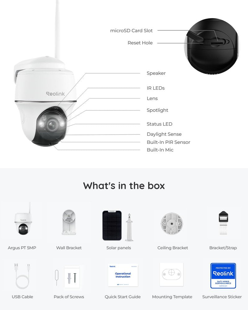 REOLINK Security Cameras Wireless Outdoor, Pan Tilt Solar Powered, 5MP 2K+ Color Night Vision, 2.4/5GHz WiFi, Smart Cameras for Home Security, Works with Home Hub, Argus PT + Solar Panel