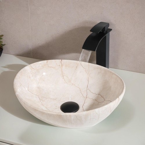 HM HomeMieco Oval Marbling Vessel Sink with Waterfall Faucet and Pop-up Drain Ceramic Bathroom Sink Above Counter Bowl Sinks for Bathrooms