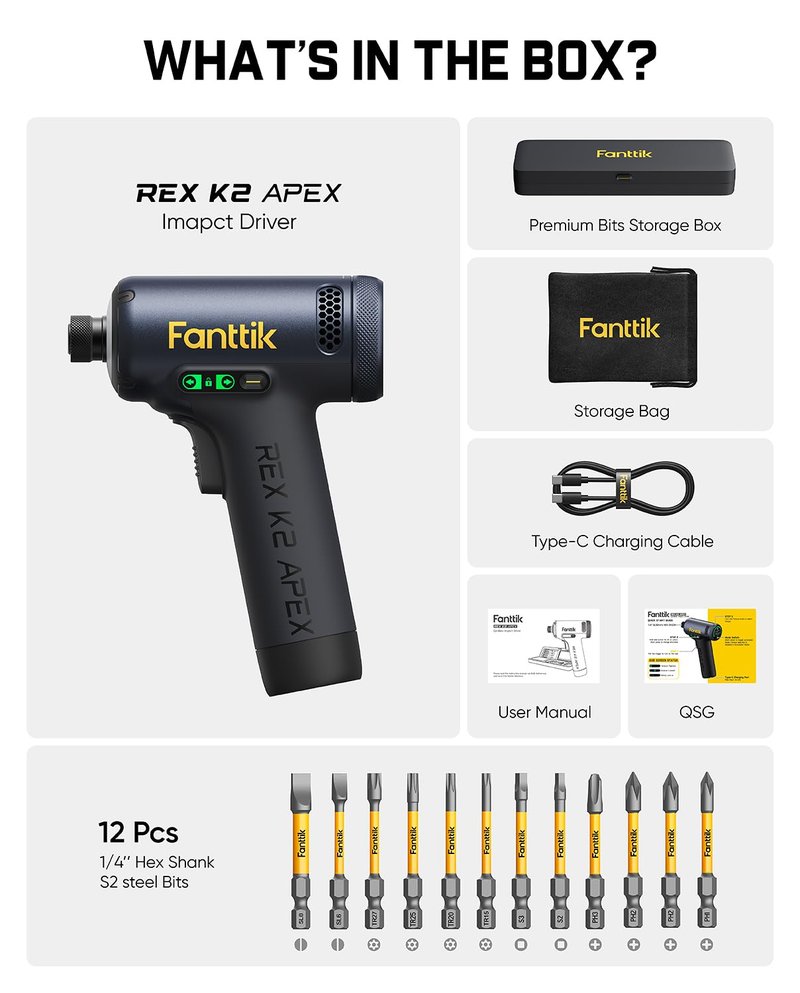 Fanttik REX K2 APEX Impact Driver, Brushless Impact Driver, 1/4'' Hex, Max. 100 N·m Torque, Max. 3000 RPM, 3000mAh Rechargeable Battery, Tool Kit for Cabinet Assembly, Woodworking DIY Projects