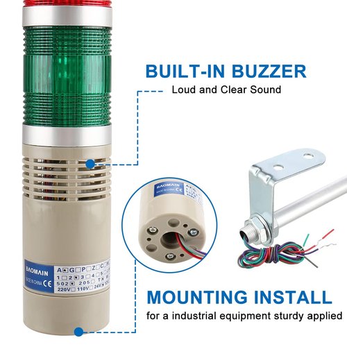 Baomain Industry Tower Lamp Stack Continuous Signal Light Buzzer DC 24V 5W Red Yellow Green LED LTA-502TJ