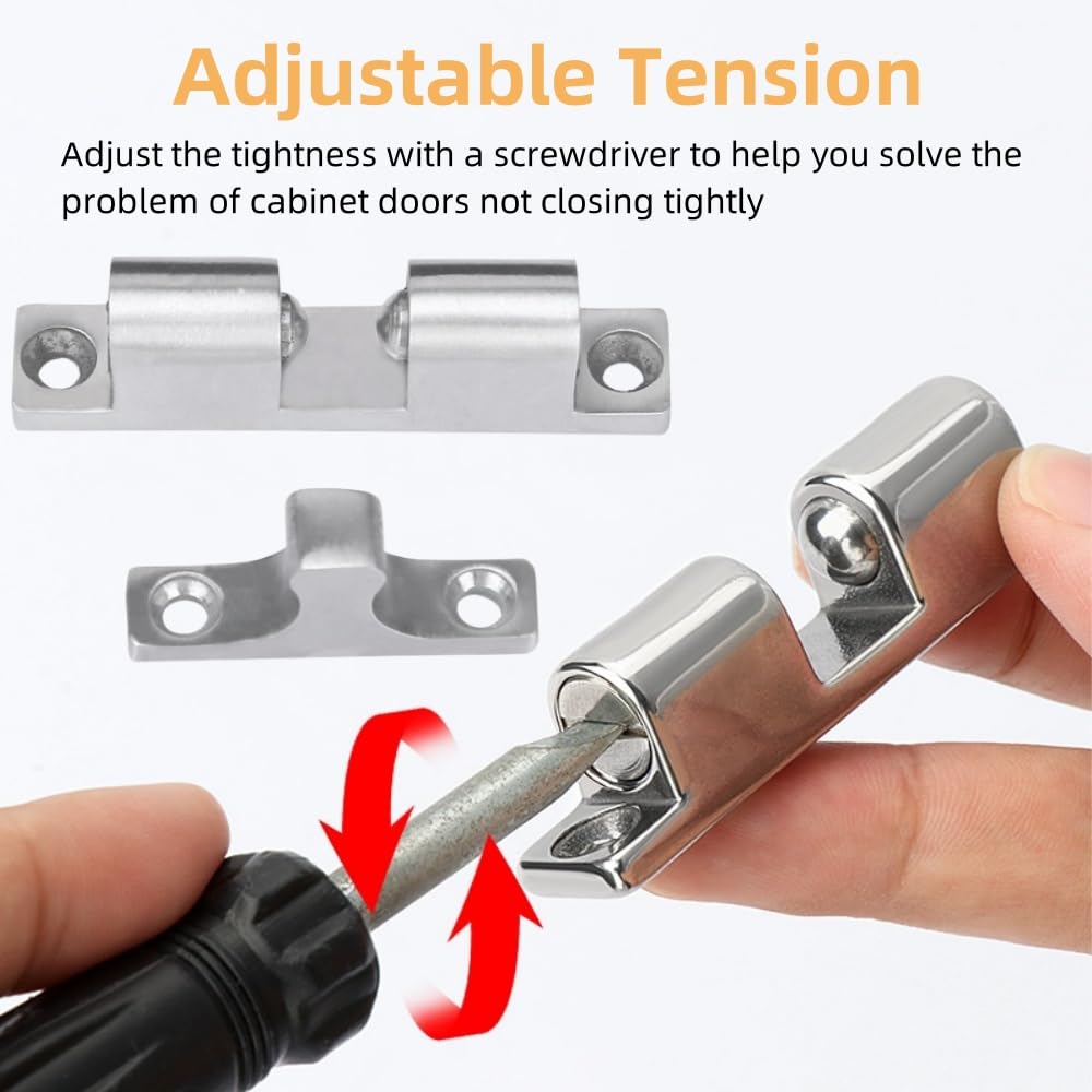 2Pcs Cabinet Door Catch, Solid Stainless Steel Adjustable Ball Tension Roller Catch Cabinet Door Double Ball Tension Catch with Screws for Ship Yacht RV (70MM)
