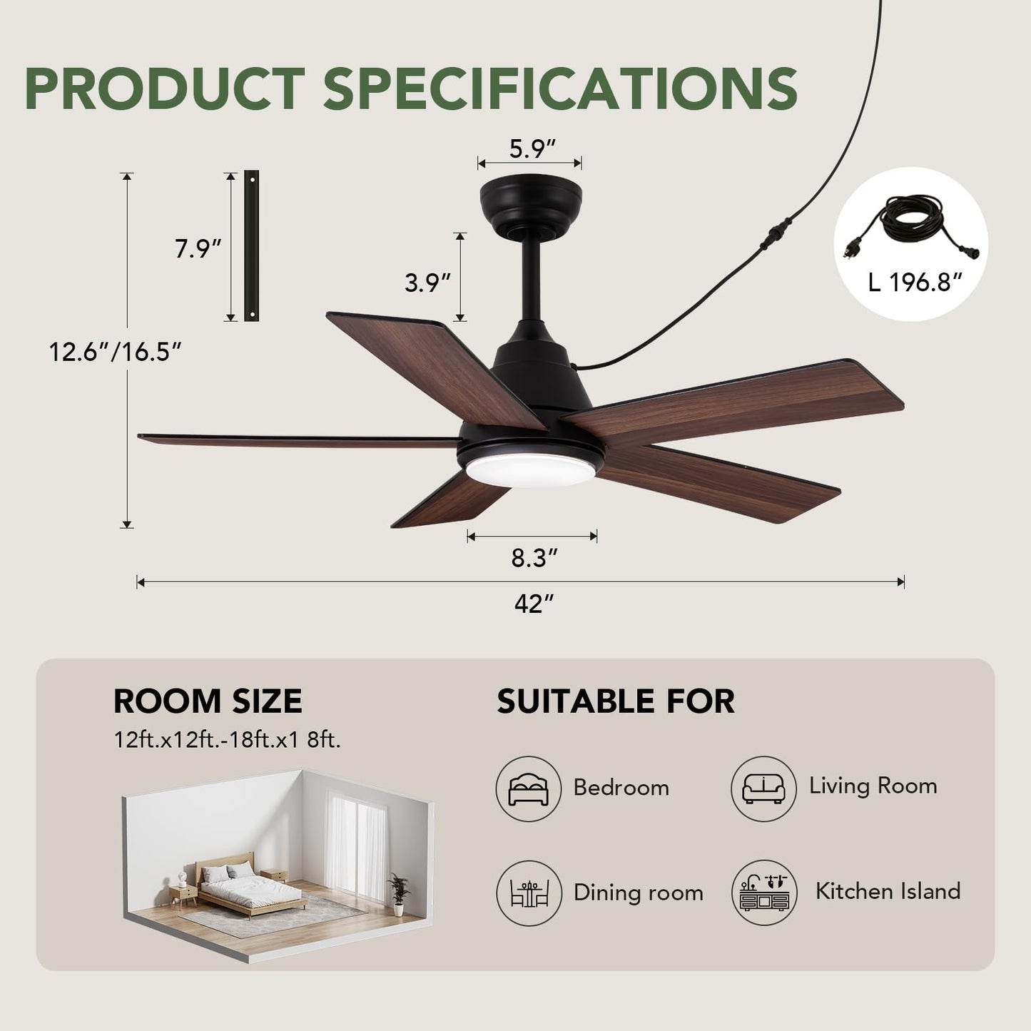 SPACORA 42 Inch Ceiling Fan with Light, Black Ceiling Fans with Lights and Remote/APP, 3CCT, Noiseless DC Motor, Waterproof Plug in Ceiling Fan for Bedroom, Living Room, Patio, Indoor/Outdoor Use