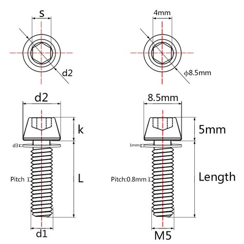 Wanyifa Titanium Ti Allen Hex M5x16 18mm Tapered Head Bolt with Washer Screw for Bicycle Stem Parts Pack of 6 (Black, M5x18mm)