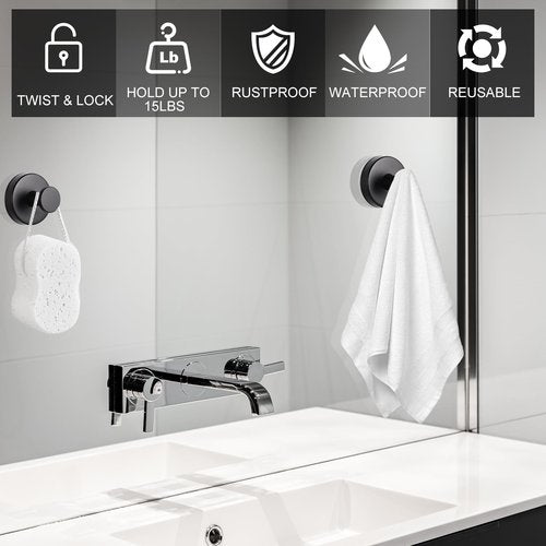 Dntorx Vacuum Suction Cup Hooks, 2 Pack Stainless Steel Suction Hooks for Shower Bathroom Towel Hook Shower Hooks Holders Hanging Towels, Loofah, Robe, Coat(Black)