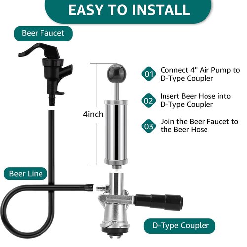 4" Beer Tap Keg Tap Pump - American D System Beer Keg Pump for US Sankey Keg, Party Hand Pump Picnic Tap with 2 Beer Faucet & Beer Hose, Kegerator Pump Draft Beer Faucet Beer Dispenser for Home Bar