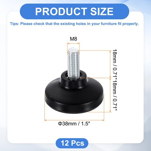 uxcell 12Pcs M8 Thread Furniture Feet Levelers, 27x14mm Adjustable Leveling Table Feet, Screw on Furniture Glide Leveling for Chair Stool Legs, Black