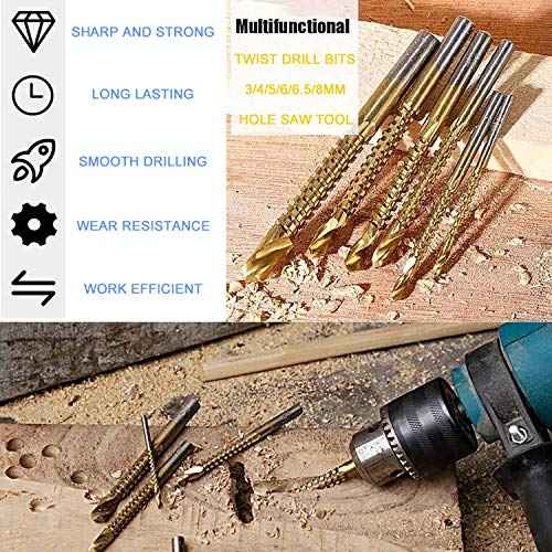 Titanium Coated HSS Twist Drill Bits - 6pcs 3-8mm Serrated Grooving Cutting Carpenter Side Cutting Tap Spiral Saw Drill Bit Woodworking Wood Metal Plastic Hole Holesaw Tool