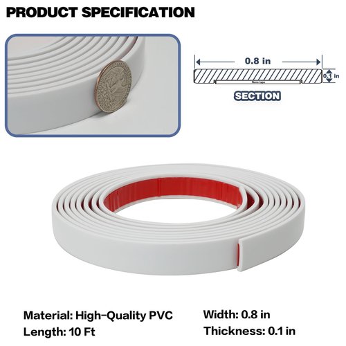 JSIWOTH Peel and Stick Trim, 0.8 in x 10 Ft Waterproof Molding Trim for Walls, Mirror Frame,Baseboard, Flexible & Self-Adhesive Trim White(Paintable)