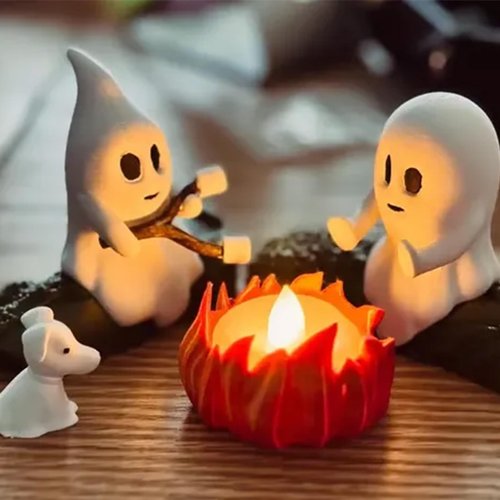 Ghost Campfire Gathering, Ghost Campfire Nightlight, Halloween Nightlight, Cute Cozy Spooky Statue Halloween Decorations for Home Mantel or Desk (with Dog)