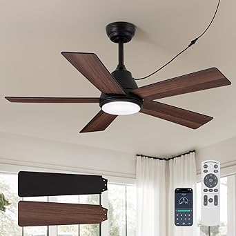 42 Inch Ceiling Fan with Light, Black Ceiling Fans with Lights and Remote/APP, 3CCT, Noiseless DC Motor, Waterproof Plug in Ceiling Fan for Bedroom, Living Room, Patio, Indoor/Outdoor Use
