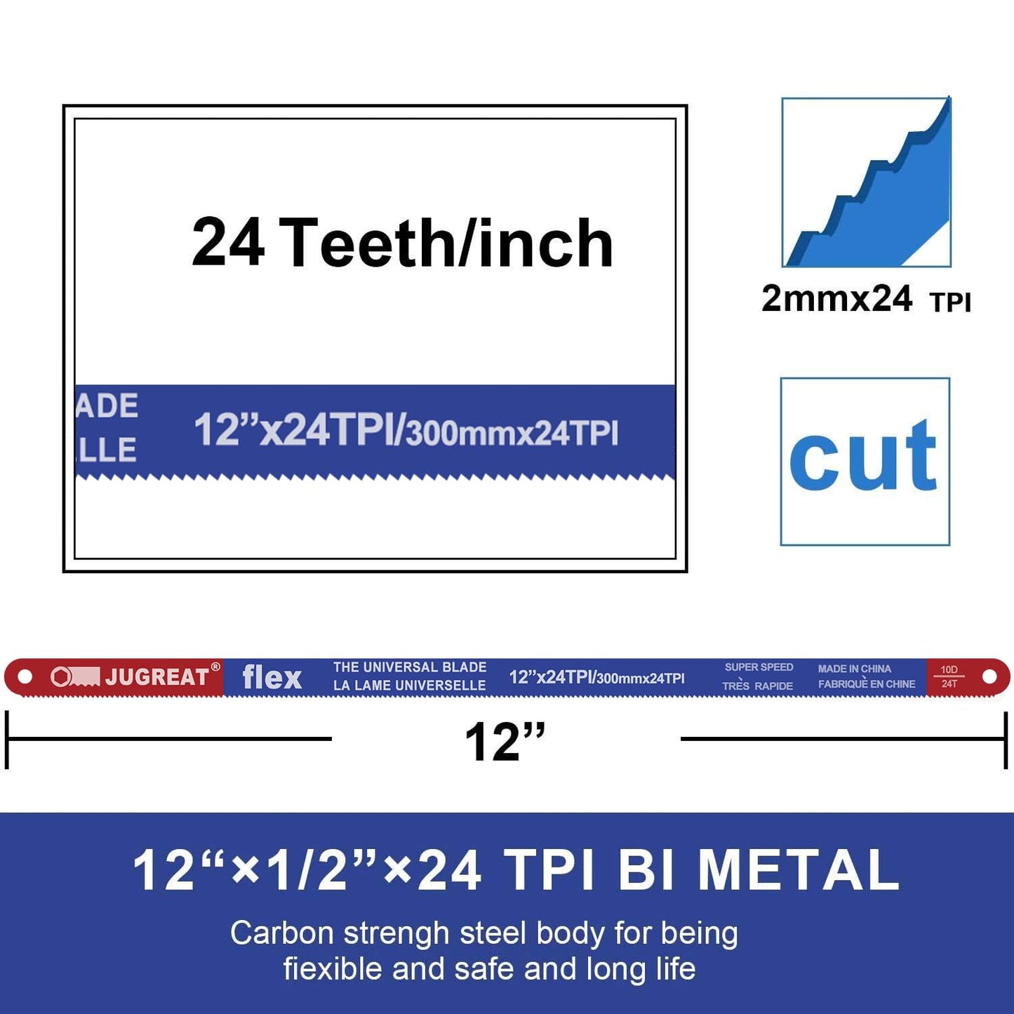 Hacksaw Replacement Blades (10 Pack) High Speed 24 TPI - 12" Length Hack Saw Blade - Carbon Strength Steel