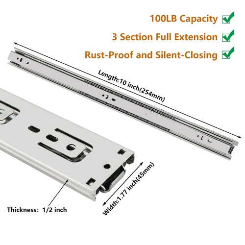 LONTAN Heavy Duty Full Extension Ball Bearing Drawer Slides 8 10 12 14 16 18 20 22 24 Inch Side Mount File Cabinet Rails Dresser Runner Kitchen Cabinet Drawer Glides 100 LB Capacity (10 inch,1 Pair)
