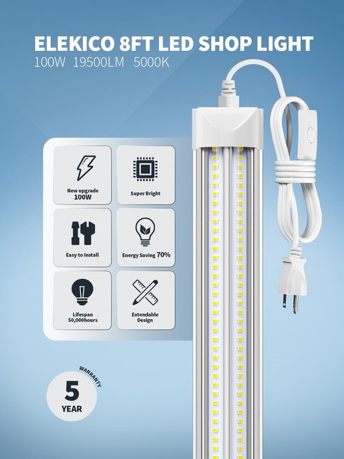 ELEKICO 8' Led Shop Lights,Super Bright 19500LM 100W 5000K 8FT Led Shop Light, Linkable 8FT Garage Ceiling Lights for Garage Ceiling Workshop Warehouse