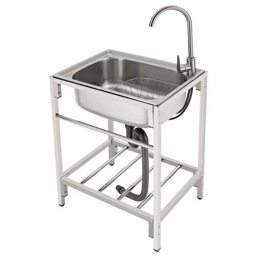 Free Standing Single Bowl Kitchen Sink, 23.6 * 17.7 * 29.5in Stainless Steel Utility Sink with Cold & Hot Tap, Commercial & Home Basin for Kitchen, Bar, Restaurant, Dessert Shop