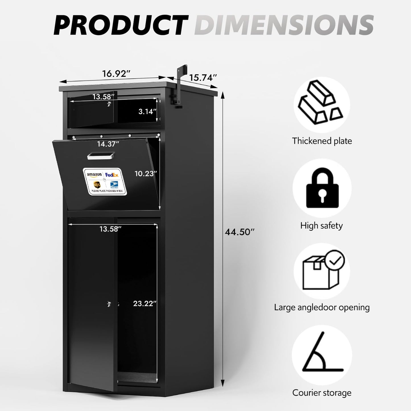Large Capacity Parcel Drop Box with Secure Locking Function - Cold Rolled Steel Package Delivery Boxes, Weatherproof Freestanding Design for Packages, Mail & Magazines (16.92"x15.74"x44.5")