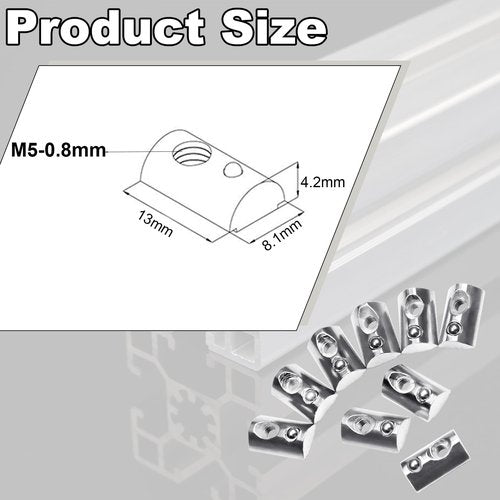 M5 Spring Loaded T Nut 70pcs M5x0.8mm Half Round Roll T-Nuts Carbon Steel Nickel Plated for 20x20 20 Series Aluminum Extrusions 3D Printer Replacement Tiny Nuts