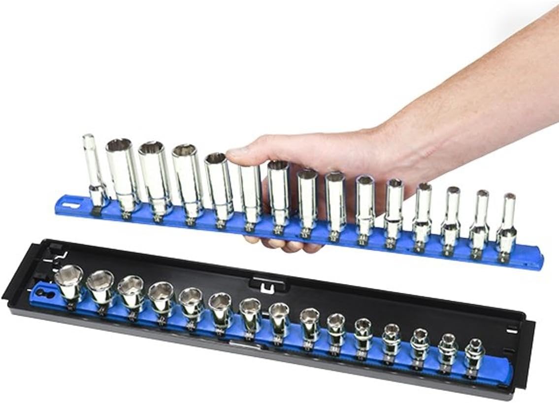 Ernst Manufacturing 19-Inch Socket Boss Organizer with Twist-Lock 2 Rails for 1/2-Inch Drive Sockets, Blue, Model 8457 – Secure and Durable Socket Storage Solution - Made in USA