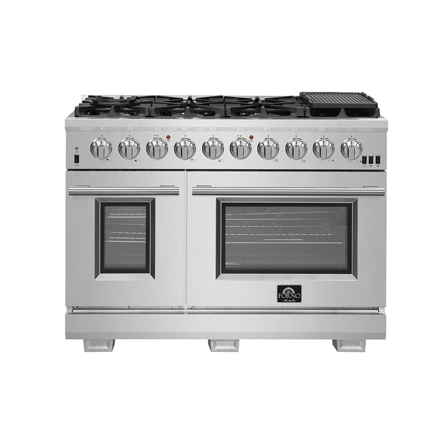 FORNO Capriasca Full Gas 48" Inch. Freestanding Range with 8 Sealed Burners Cooktop - 6.58 Cu.Ft. Double Gas Convection Oven Capacity, Stainless Steel Heavy Duty Cast Iron Grates.