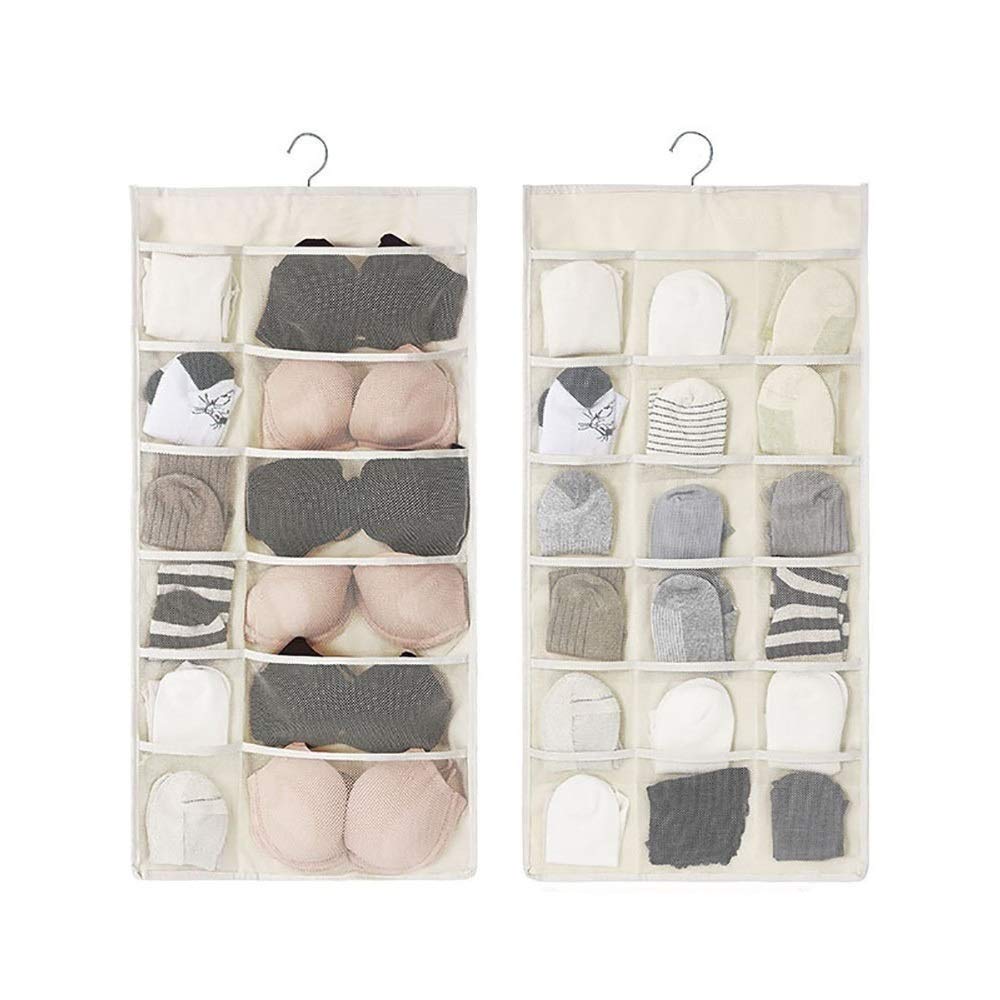 Newraturner Closet Hanging Organizer with Mesh Pockets & Rotating Metal Hanger,Dual Sided Wall Shelf Wardrobe Storage Bags,Oxford Cloth Space Saver Bag for Bra Underwear Underpants Socks (white)