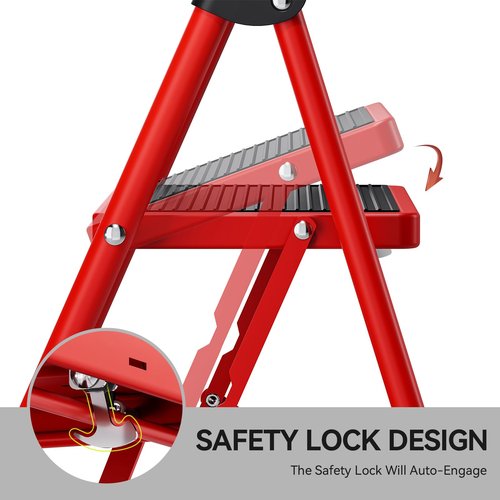 KINGRACK Step Ladder, 3 Step Ladder with with Anti-Slip and Wide Pedal,Portable Foldable Step Stool with Handgrip,Tall Sturdy Step Ladder for Home Kitchen Household,Red