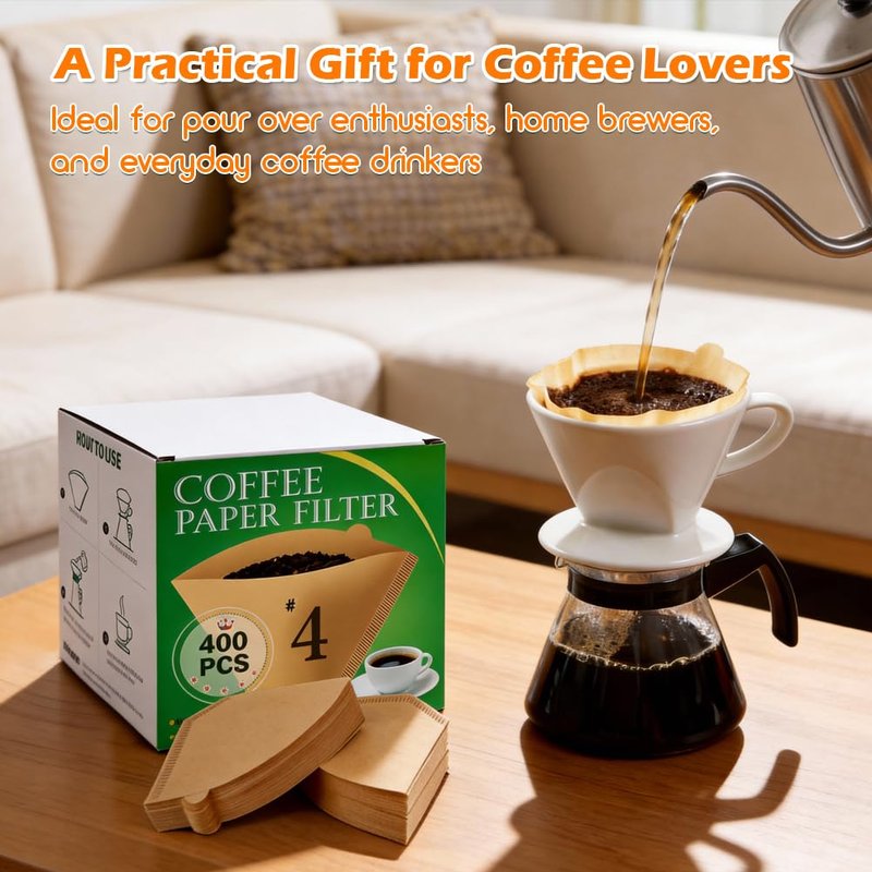 BYKITCHEN 400PCS #4 Cone Coffee Filters Fits 8-12 Cup & 14 Cup Coffee Makers, Size 4 Unbleached Disposable Coffee Filter Paper, Compatible with Ninja, Cuisinart 12-Cup/ 14-Cup & Drip Coffee Machine