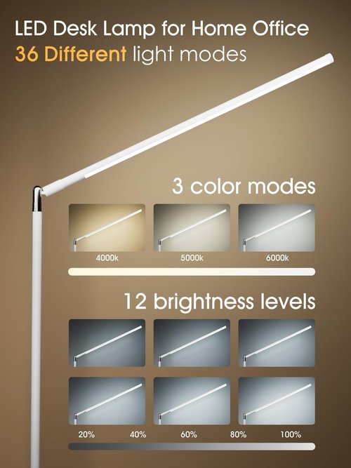 LEDLAY 39.4" LED Desk Lamp for Home Office, Eye Caring Architect Desk Light with Remote, 3 Color Modes & 12 Brightness Levels, Adjustable Height 17.7"-27.6", Study Lamp for Reading/Work (White)