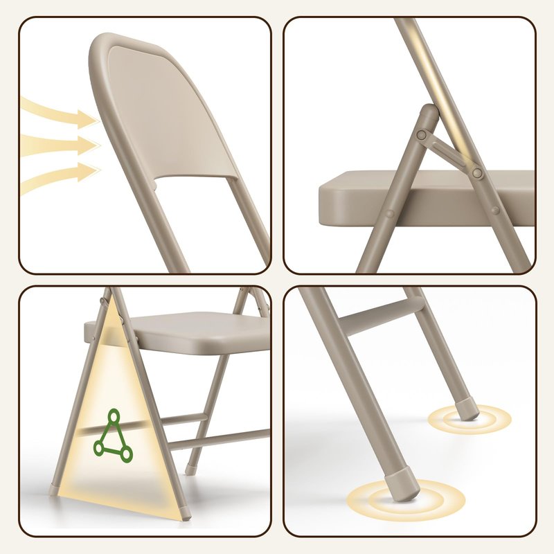 MAKE CHANGES 4 Pack Folding Chairs, Indoor Outdoor Foldable Chair Sturdy Metal Chairs, Portable Chair Comfortable Event Chair for Banquet, Event, Party, Wedding, Church(Khaki)