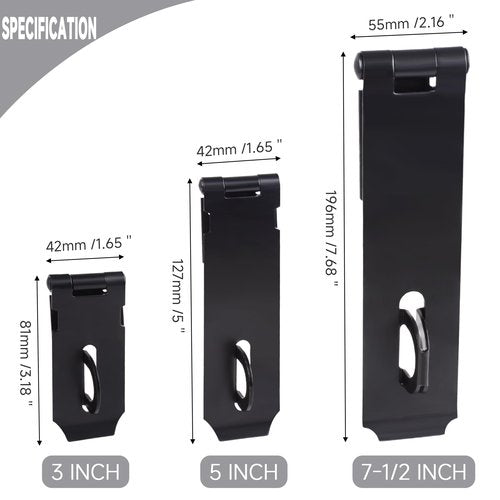 7-1/2 Inch Hasp Latch Heavy Duty, 1 Pack Stainless Steel Padlock Latch 0.11 Inch Thick, Black Finish Security Door Hasp Latch for Gates, Outdoor Doors, Cabinet, Drawer(8 Screws Included)
