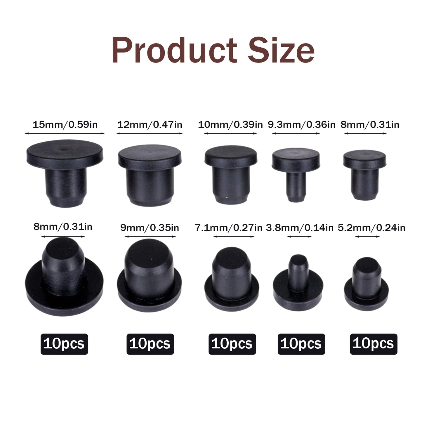 50 PCS 5 Sizes Rubber Hole Plug Silicone Plugs Waterproof Hole Plug Black Round Rubber Waterproof Button-Hole for Metal Tube, Furniture End Caps Inserts, Black